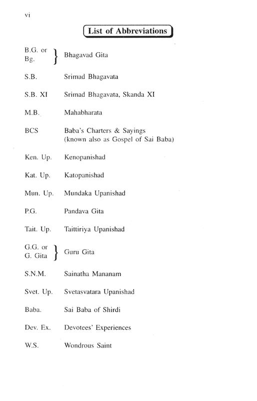 Life of Sai Baba - List of Abbereviations